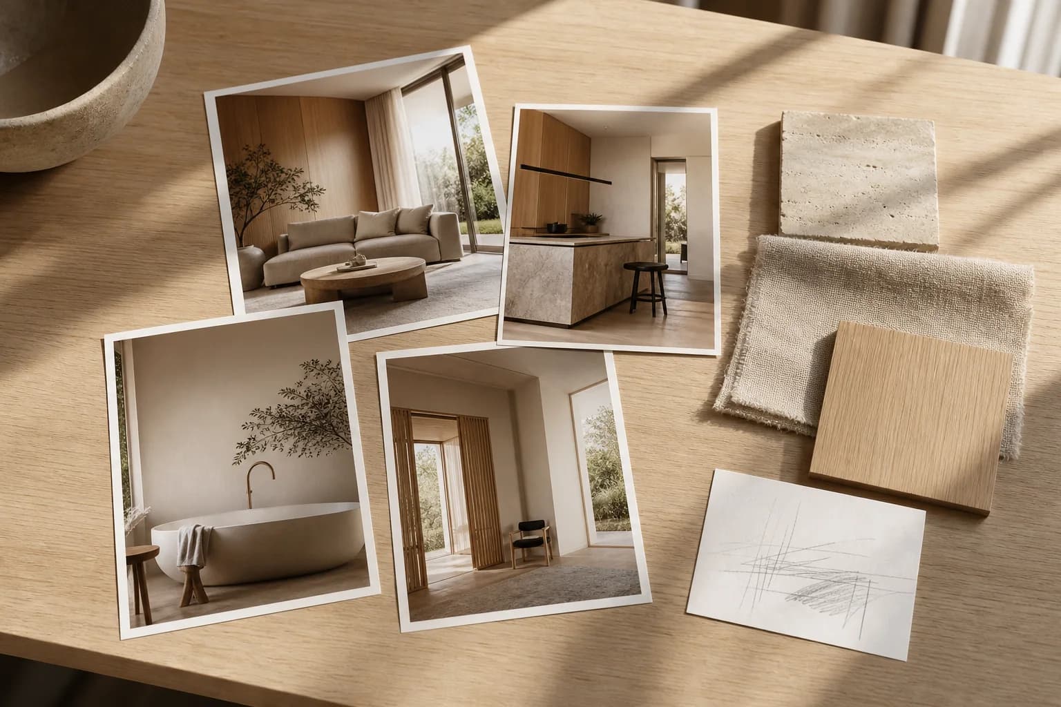 Moodboard z fotografiami wnętrz, próbkami tkanin i kamienia.