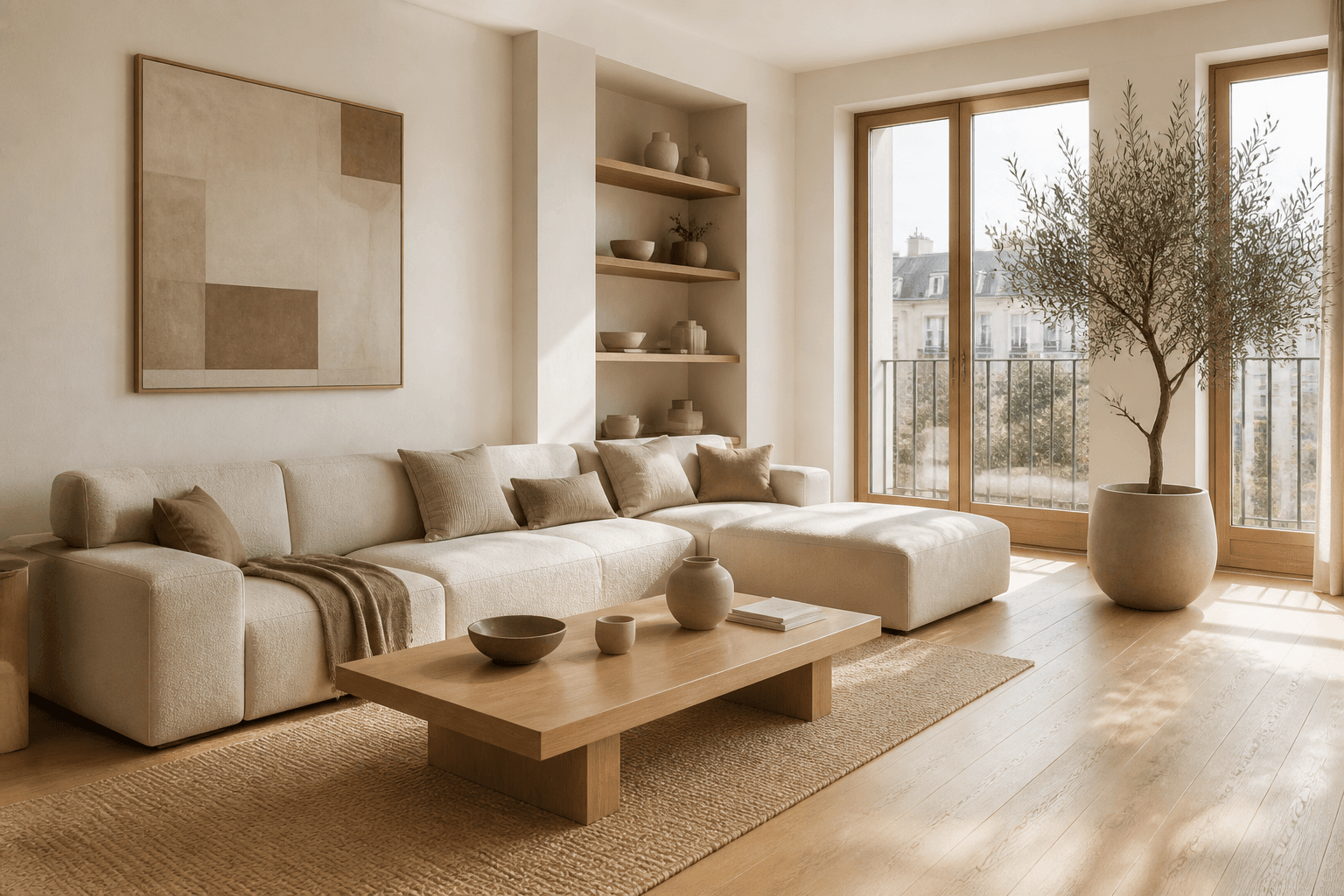 A bright living room in a warm natural palette, with wooden furniture and a large tree by the window.