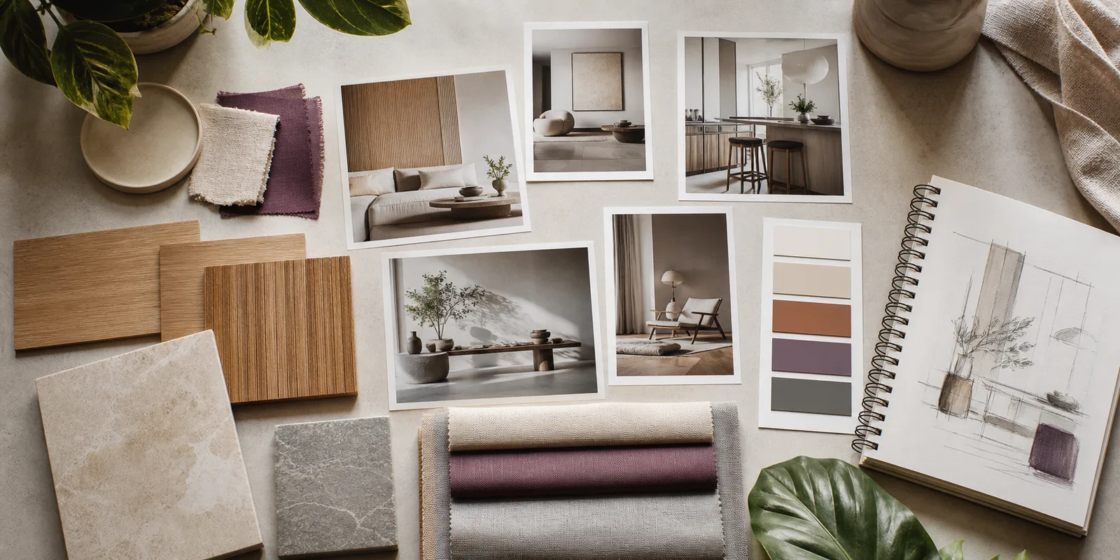 Moodboard z inspiracjami wnętrz, próbkami drewna, tkanin i kolorów