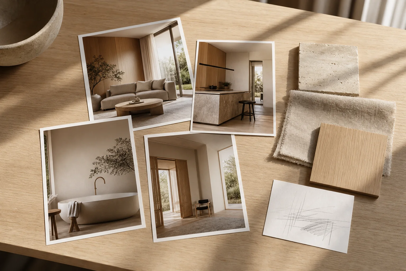 Curated interior inspiration, timber, stone and textile samples prepared for a brief
