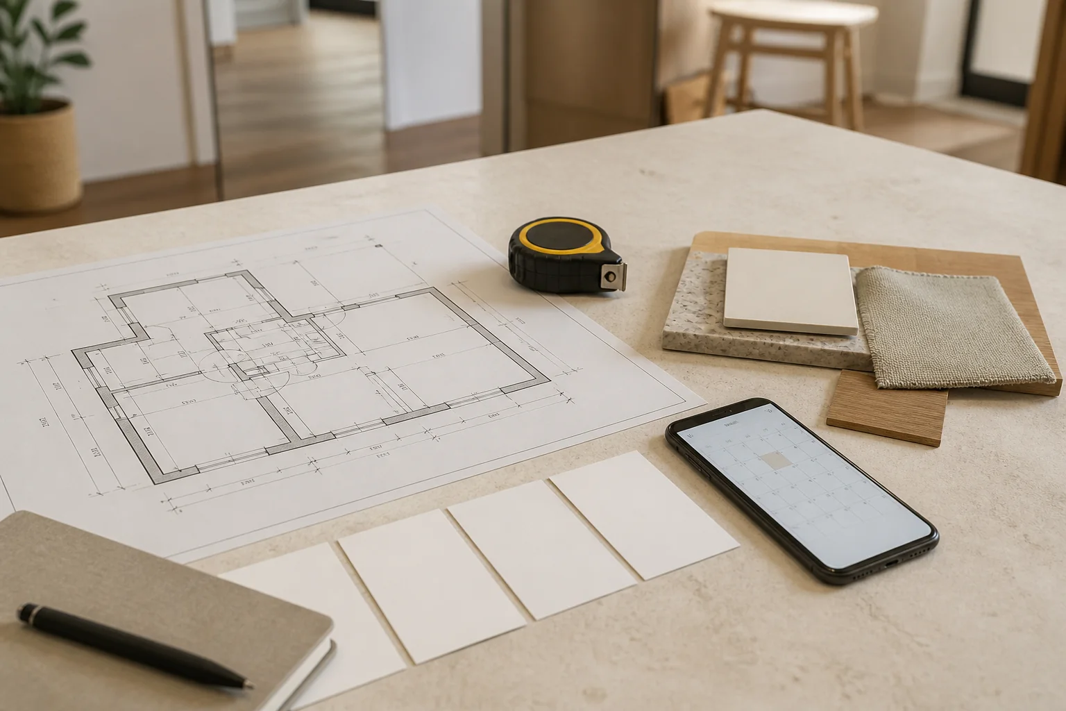 A floor plan, material samples, tape measure and planned dates as a pre-renovation checklist