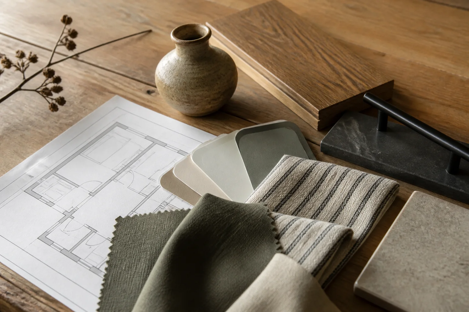 A mood board with material samples, a floor plan and interior references