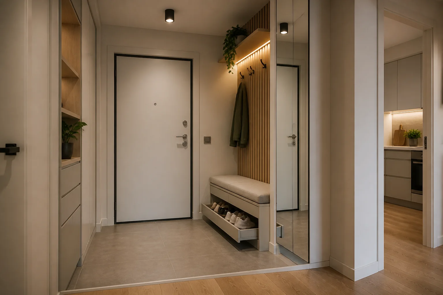 A compact apartment entry with a bench, closed storage and a mirror