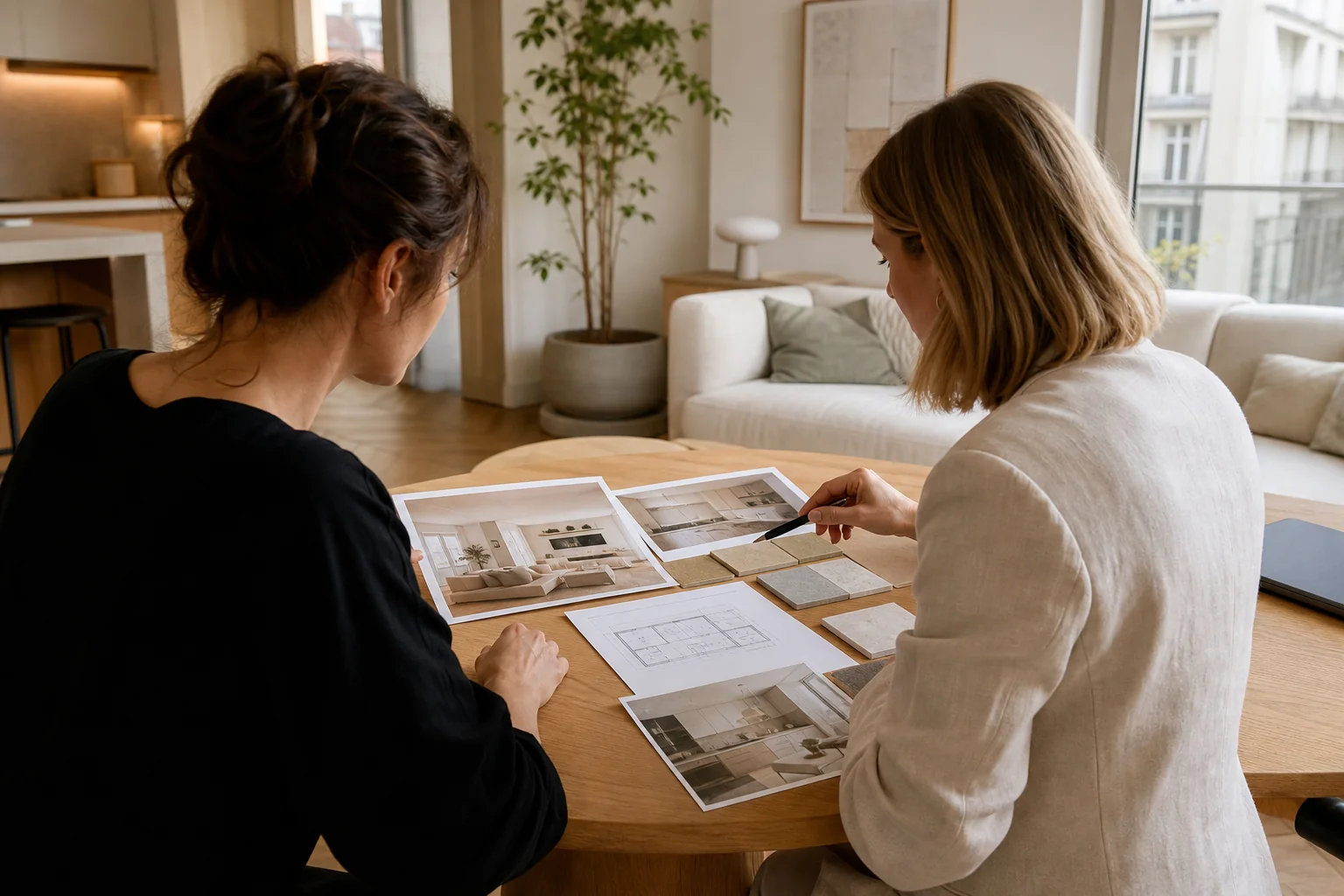 A designer and homeowner discussing inspiration, a floor plan and material samples in an apartment